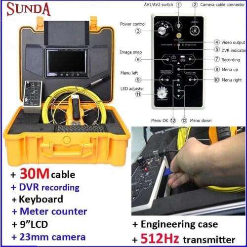 Pipe Inspection Camera Sewer Inspection Camera 512hz transmitter DVR video recording,meter counter keyboard typing 9"LCD 30m
