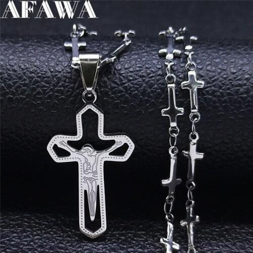 Catholic Jesus Cross Key Stainless Steel Chain Necklace Women/Men Silver Color Small Necklaces Jewelry collier femme N4514S05