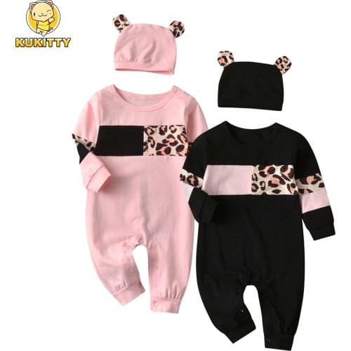 Newborn Baby Girls Clothes Cute Leopard Splicing Long Sleeve Jumpsuit and Hat Infant Clothing Toddler Outfits Set