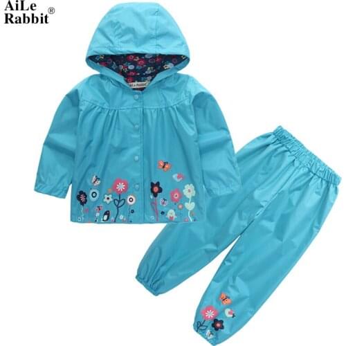 AiLe Rabbit Kids Fashion Suits Outfit Hoodie Pants 2pcs Jacket Sports Set Flower Print Girl Windbreaker Raincoat Camping k1