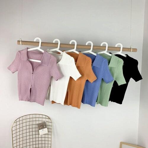 Summer Women Short Sleeve Turn-Down Collar Knitted Ruffles Basic Sweater Coat Shirt Lady Elastic Slim Zipper Chic Blouse Tops