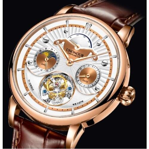 Men Tourbillion Watch Mechanical Hand Winding 25 Jewels Energy Display Sapphire Alligator Leather Date Luxury Gift