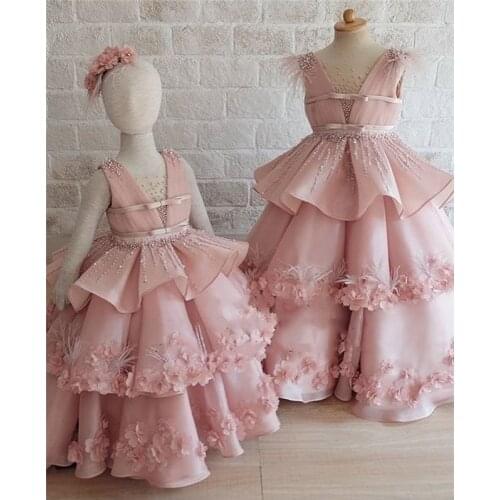 Real Picture Pink Infant Girls Clothes Mother Daughter Party Gowns V Neck Ball Gown 3D Flowers Pearls Flower Girl Dress