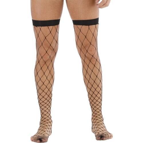 Non Slip Silicone Stocking Sexy Mens Lace Top Thigh High Stockings Tiptoe Transparent Hollow Out Mesh Nets Fishnet Hosiery Women