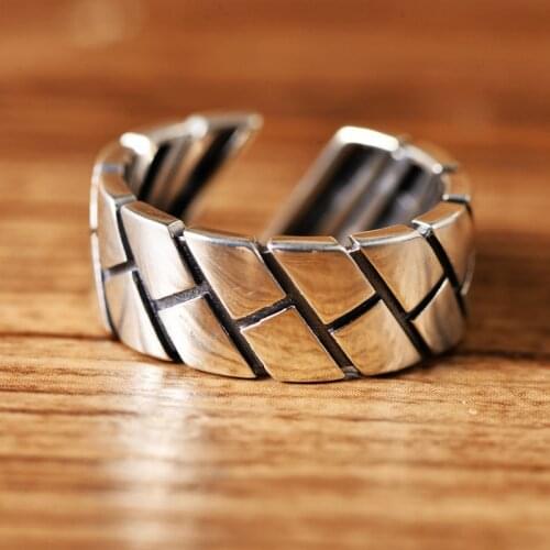 Real S925 Sterling Silver Simple Style Geometric Personality Vintage Silver Ring for Men Stylish Open Adjustable Ring Jewelry