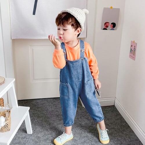 Autumn New Kids Jumpsuits Korean Style Baby Boys And Girls Casual Loose Denim Overalls Childrens Fashion Pocket Denim Trousers