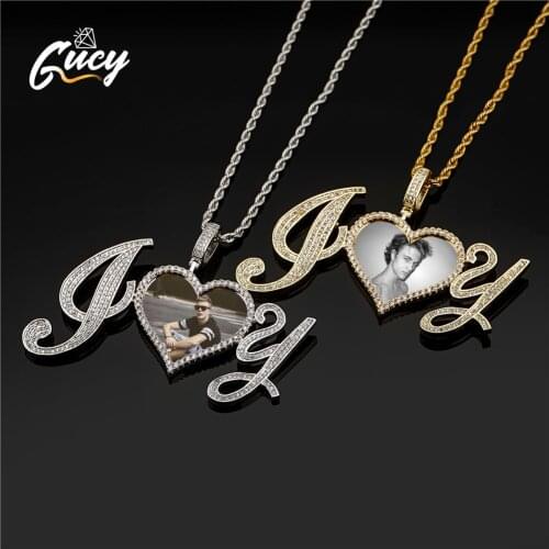 GUCY Hip Hop Fashion Custom Made Photo Name 2Letters And Heart Pendants Necklaces Cubic Zircon For Men Jewelry With Solid Back