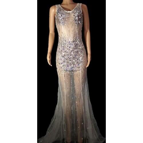 Mesh See Through Evening Party Dress Women Glisten Rhinestones Long Tail Dresses Nightclub Singer Performance Costume Stage Wear