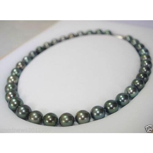 18" 8-9mm Tahitian genuine black peacock blue green pearl necklace 925silver clasp