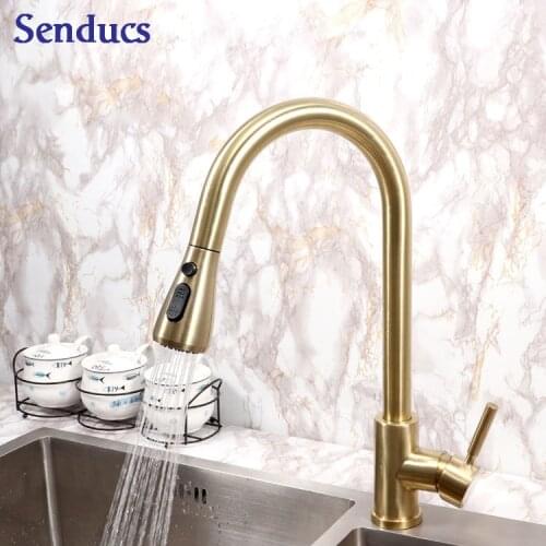 Pull Down Kitchen Faucet Senducs SUS304 Stainless Steel Gold Kitchen Mixer Tap Luxury Brass Pull Out Gold Kitchen Sink Faucets