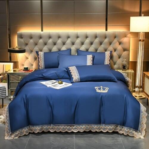 Luxury Gold Crown Embroidery Satin Like Silk Bedding Set Soft Silky Lace Duvet Cover Flat/Fitted Sheet Pillowcases Home Textiles