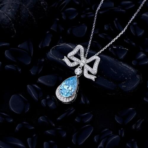Luxury 100% 925 Sterling Silver Pear Cut Aquamarine Created Moissanite Wedding Party Bowknot Pendant Necklace Fine Jewelry Gift