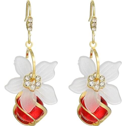 Sweety Flower Drop Earrings for Women Wedding Jewelry сережки необычные Metal Glass Hoop Earrings Bride Red Dangler 2020 серьги