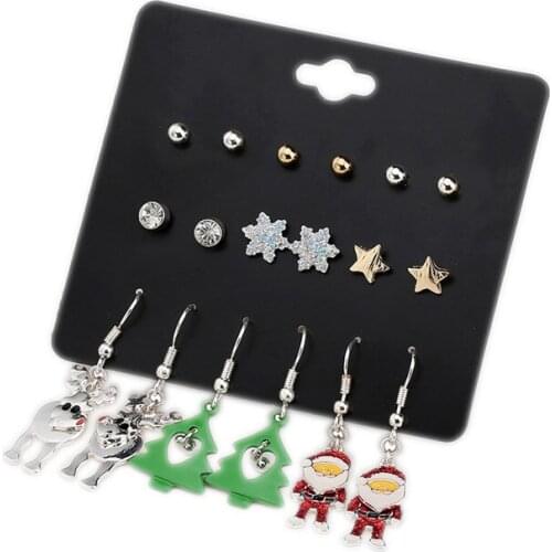 9 Pairs/lot Christmas Tree Father Elk Stud Earring Set Fashion Snowflake Pentagram Ear Studs Aretes De Mujer Modernos 2018