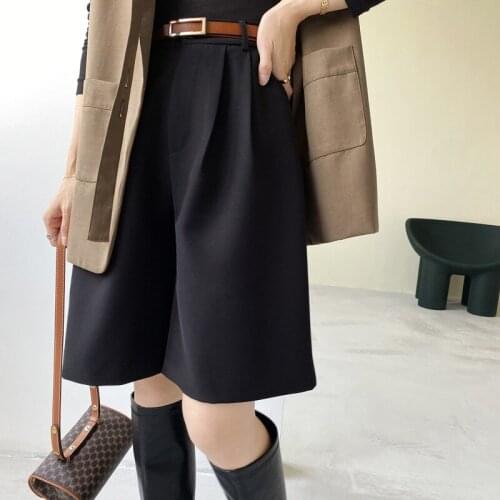 Shorts Women Summer Button Knee-length Black Wide-leg Loose Drape Korean-style Casual Womens Office BF Streetwear Fashion Simple