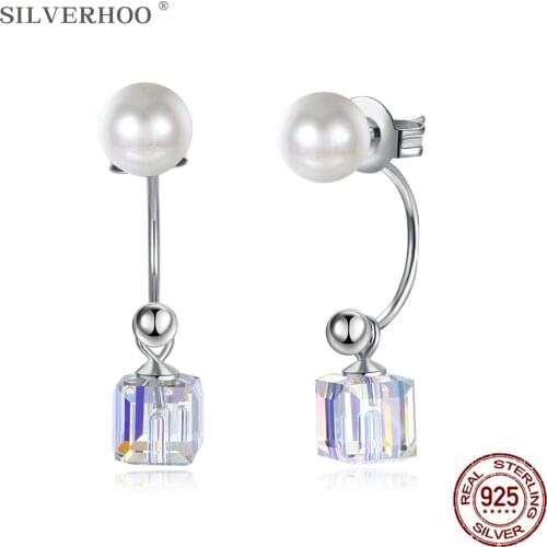 SILVERHOO Genuine Sterling Silver 925 Jewelry Shell Pearl Earrings For Women Trendy Geometry Square Austria Crystal Drop Earring
