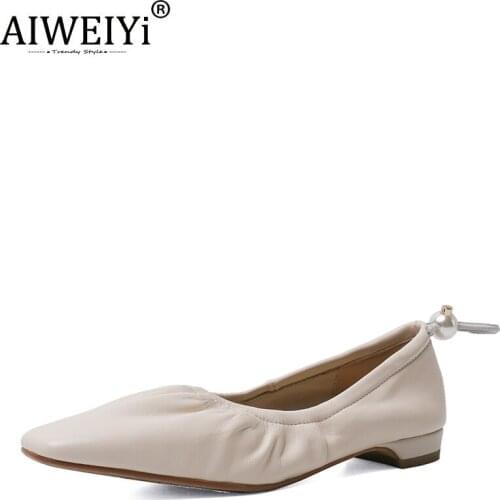AIWEIYi Single Shoes Woman Square Toe Flat Shoes Spring Autumn Sheep Leather Slip On Leather Grandma Shoes