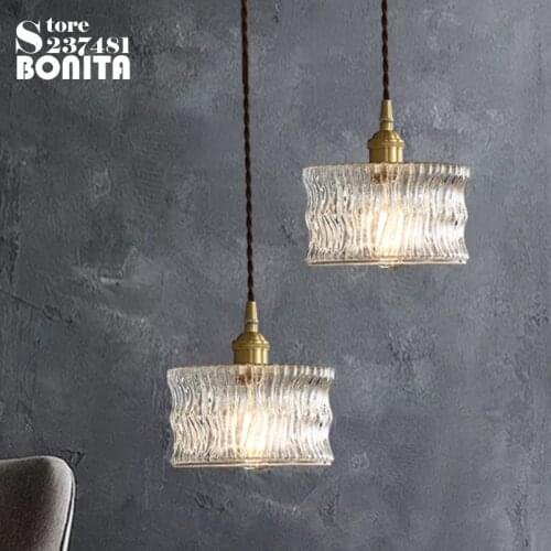 Vintage brass carved hanging lamp glass Water ripple simple glass pendant lamp with switch pendant lights for restaurants