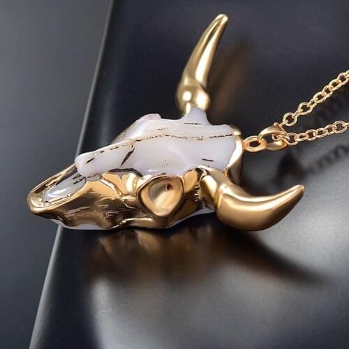Vintage Bull Skull Women Mens Necklace Pendant Gold Plated Enamel Buffalo Cattle American Western Animal Necklace Jewelry