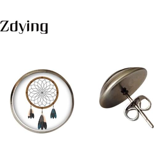 ZDYING Retro Feather Dream-Catcher Stud Earrings Dreamcatchers Glass Cabochon Photo For Woman Men Earring Jewelry Gift DI024