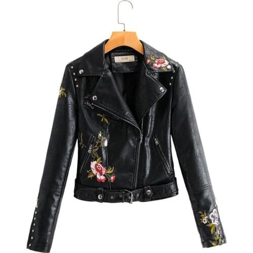 Women Faux Leather Jacket New Slim Floral Embroidery Zipper Fashion England Short Pu Coats Lady Casual Punk Outerwear