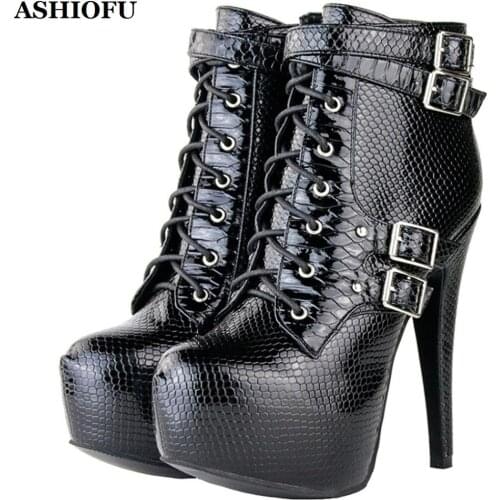 ASHIOFU Handmade New Classic Womens High Heel Boots Buckle Strap Party Prom Ankle Boots Platform Evening Club Fashion Boots