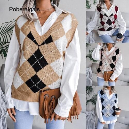 Top women knitted sweater vest pullover 2021 autumn new college style loose V-neck elegant fashion casual diamond vest sweaters
