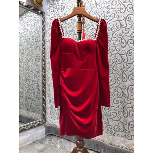 Top Quality New Autumn Winter Dress 2021 Women Sexy Square Collar Diamond Beading Long Sleeve Black Red Velvet Dress Vestidos