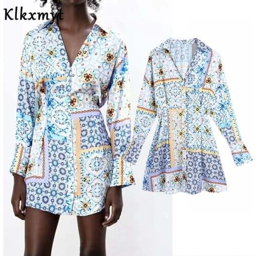 Klkxmyt Za Summer Dress Women 2021 Patchwork Print Ruffled Mini Dresses Woman Casual V Neck Button-up Female Party Dress Vestido