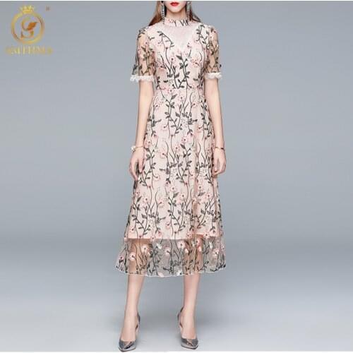 SMTHMA New 2021 Summer Fashion Runway Vintage Dress Women Short Sleeve Mesh Embroidery Elegant Long Dresses Vestidos