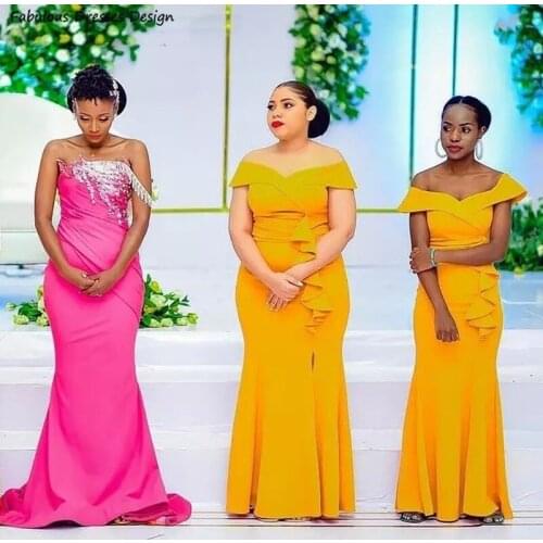 Gold Yellow Mermaid Bridesmaid Dresses Long Off Shoulder Ruffles Sweetheart Neck Bridal Party Dress 2021 Maid Of Honor