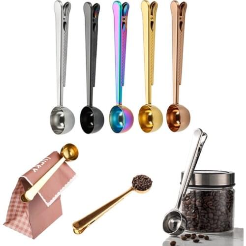1 Cup Ground Coffee Spoon Two-in-one Stainless Steel Coffee Spoon Sealing Clip Kitchen Accessories Coffee Tea Measuring Scoop