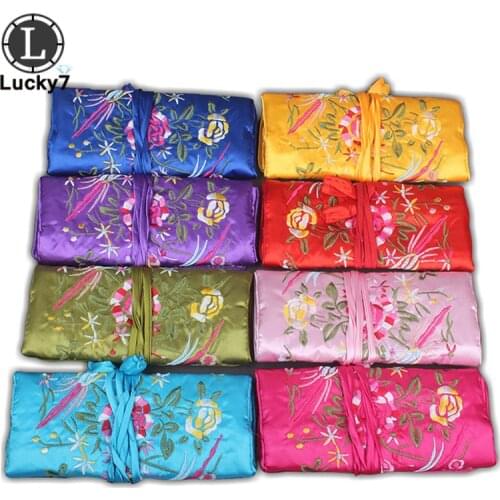 10pcs/lot Chinese Wind Silk Jewelry Organizer Travel Pouches With Ring Bar Jewellery Zipper Embroidery Flower Bird Hand Roll Bag