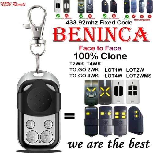 100% Clone Beninca TO.GO 2WP TO.GO 4WP T2WK T4WK LOT1W LOT2W LOT4W LOT2WMS Garage Door Remote Control 433mhz Fixed Code