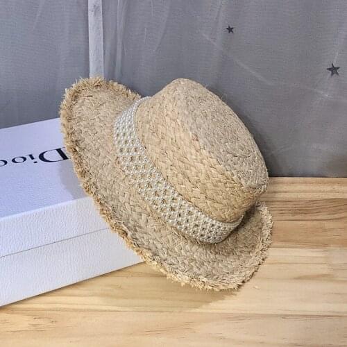 202107-2509100 summer handmade raffia pearl ribbon lady fedoras cap women panama jazz hat