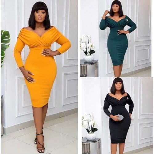 African Women Long Sleeve V Neck Bodycon Dress Elegant Chic Ladies Dress 2021