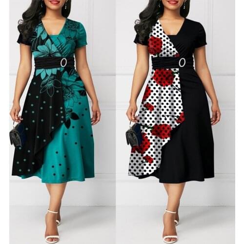 Asymmetrical Printed Women Dress Patchwork Ruffles A Line Dresses With Delicate Sashes V-Neck Short Sleeves For Elegant Lady