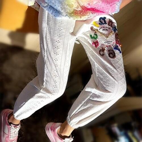 Luxury New women spring summer pants harem pants Colorful beaded Sequins clock print trousers nice ladies trousers pants NZ21