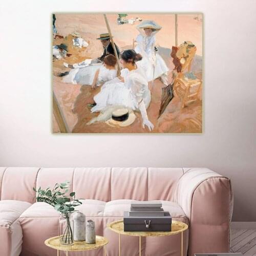 Citon Joaquin Sorolla《Under the awning,on the Beach at Zarauz》Canvas Oil Painting Picture Backdrop Wall Decor Home Decoration