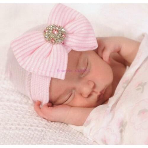 DHL 200pcs Crochet Baby Spring Hat Bow Newborn Beanie Baby Girls Cotton Knit Beanie Infant Striped Caps Toddler Hat