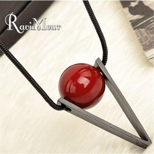 RAVIMOUR Fashion Womens Long Necklace Steampunk Red Ball Triangle Maxi Necklaces & Pendants Collares Jewelry 2017