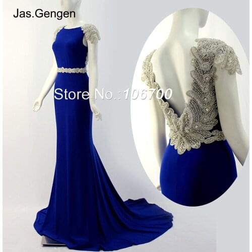 2020 New Open Back Long Evening Dresses Cap Sleeve Boat Neck Tulle Hand Made Crystal Beading Beige Black Blue Red Prom Gowns 805