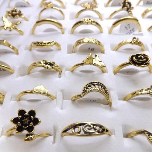 Pretty Antique Gold Color Rings With Unique Design Hollowing, Cameo, Flower, Heart, Etc. 50pcs/lot