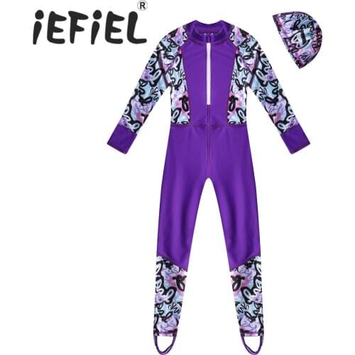 4-16 Years Kids Girls Swimsuit Long Sleeve Zipper Front Holder Fastened Foot One Piece Swim Jumpsuit with Hat Beachwear Outfit