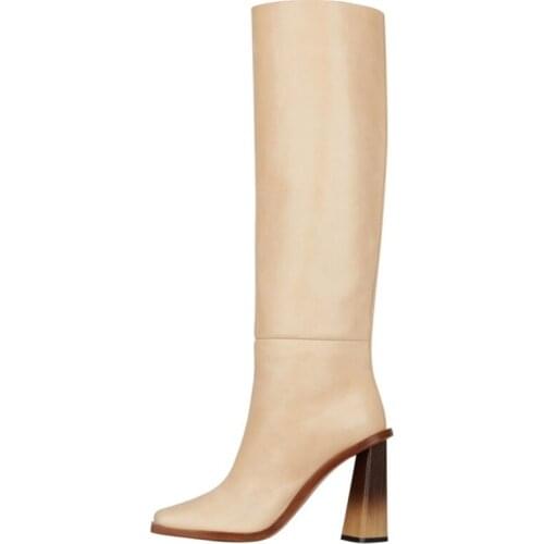 Luxury Boots Concise London Style Square Toe Super Microfiber Leather Knee High Boots Handmade Special Design Retro High Heels