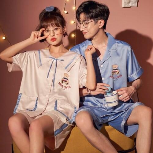 Ice Silk Summer Couples Pajamas Sets Women Men Cartoon Bear Sleepwear Pyjamas Silk Cloth Preppy Style Boys Girls Lovers Nightgow