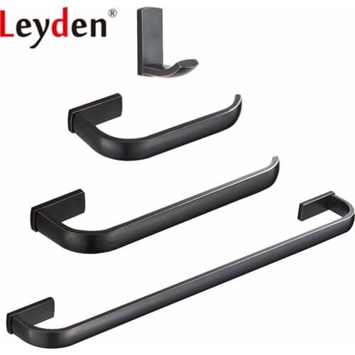 Leyden ORB Brass 4pcs Bathroom Accessories Set Wall Mounted Black Single Towel Bar Toilet Paper Holder Towel Ring Robe Hook