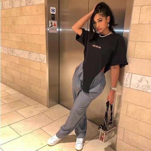 QuanRun Irregualr Letter Print Fashion Short Sleeve Women T Shirt Casual Femmel Tops Streetwear 2021 Spring Summer