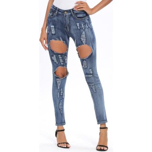 Fashion Bleached Ripped Jeans Women 2021 Spring Cotton Denim Slim Elasticity Skinny Pants Moustache Effect Vintage Jeans Femme