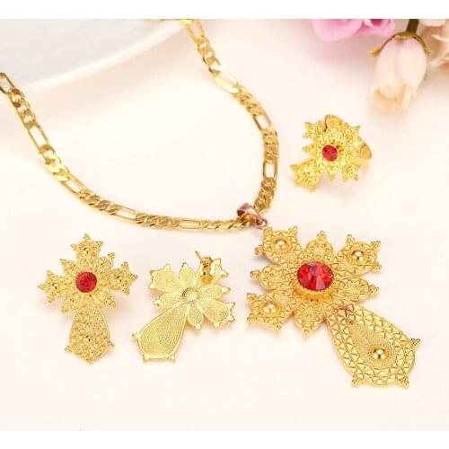 Ethiopian 24K gold color Cross Africa Cross Set Latest Ethiopian Cross Set Jewelry Africa Dubai Bridal Wedding Sets